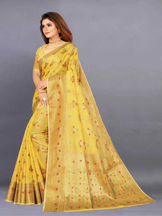 Woven, Self Design, Floral Print Banarasi Jacquard Saree (Yellow)