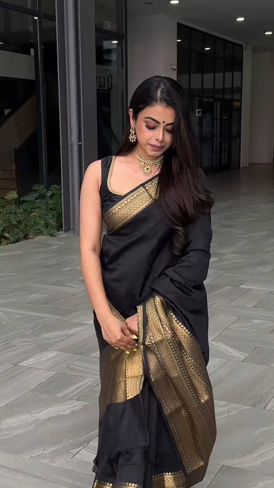 Black Color Lichi Silk Jacquard Work Saree