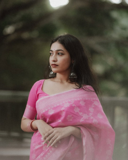 Floral Woven Design Zari Pure Banarasi Soft Silk Saree Festive & Wedding with Elegant Zari Border and Matching Blouse Piece