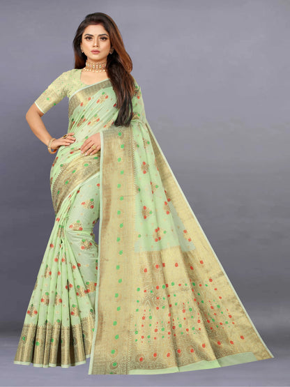 Woven, Self Design, Floral Print Banarasi Jacquard Saree (Yellow)