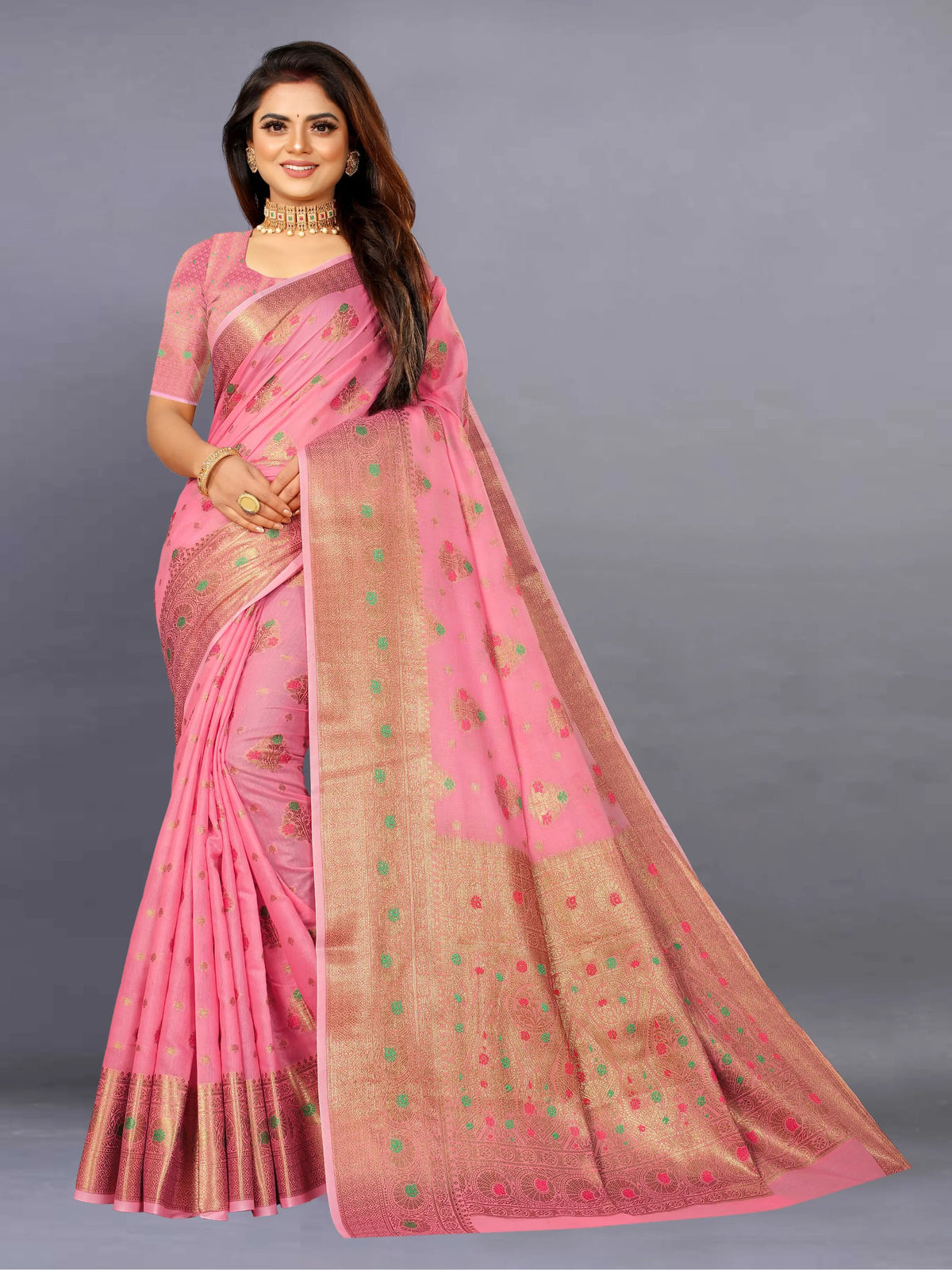 Woven, Self Design, Floral Print Banarasi Jacquard Saree (Yellow)