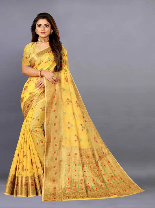 Woven, Self Design, Floral Print Banarasi Jacquard Saree (Yellow)
