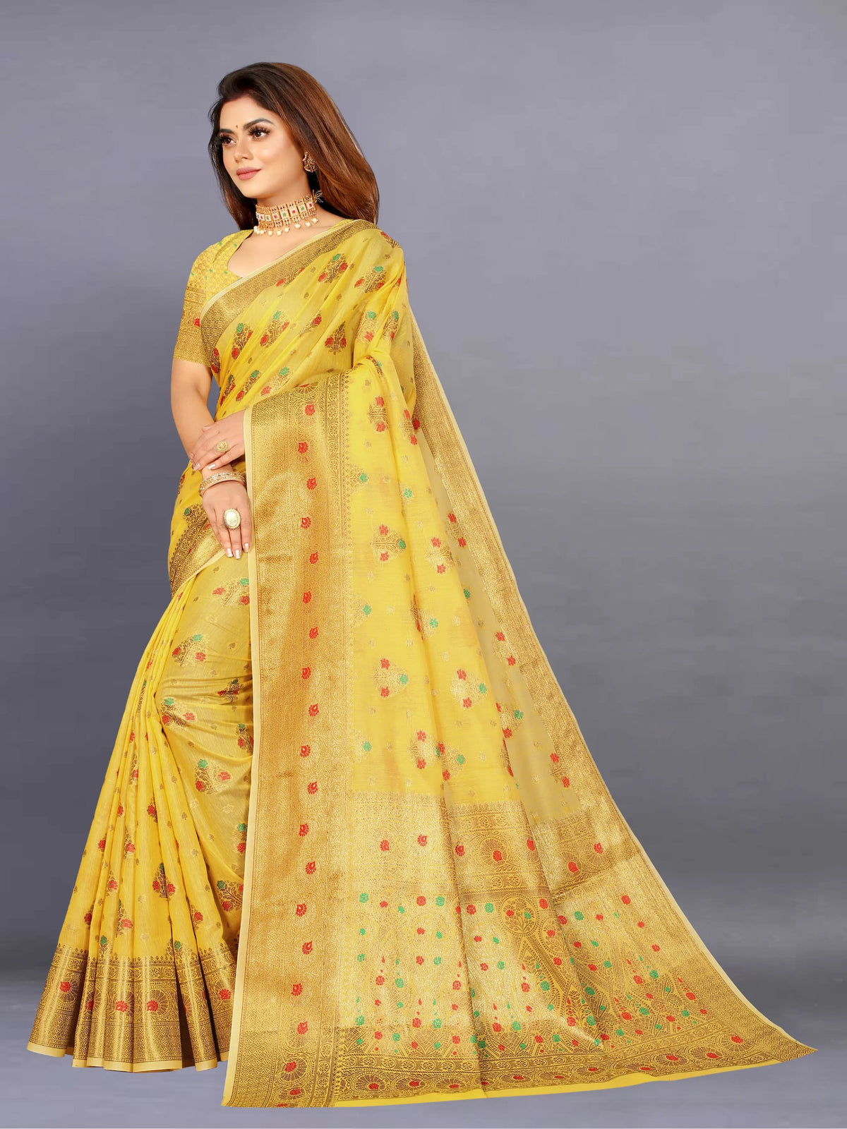 Woven, Self Design, Floral Print Banarasi Jacquard Saree (Yellow)