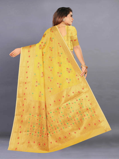 Woven, Self Design, Floral Print Banarasi Jacquard Saree (Yellow)