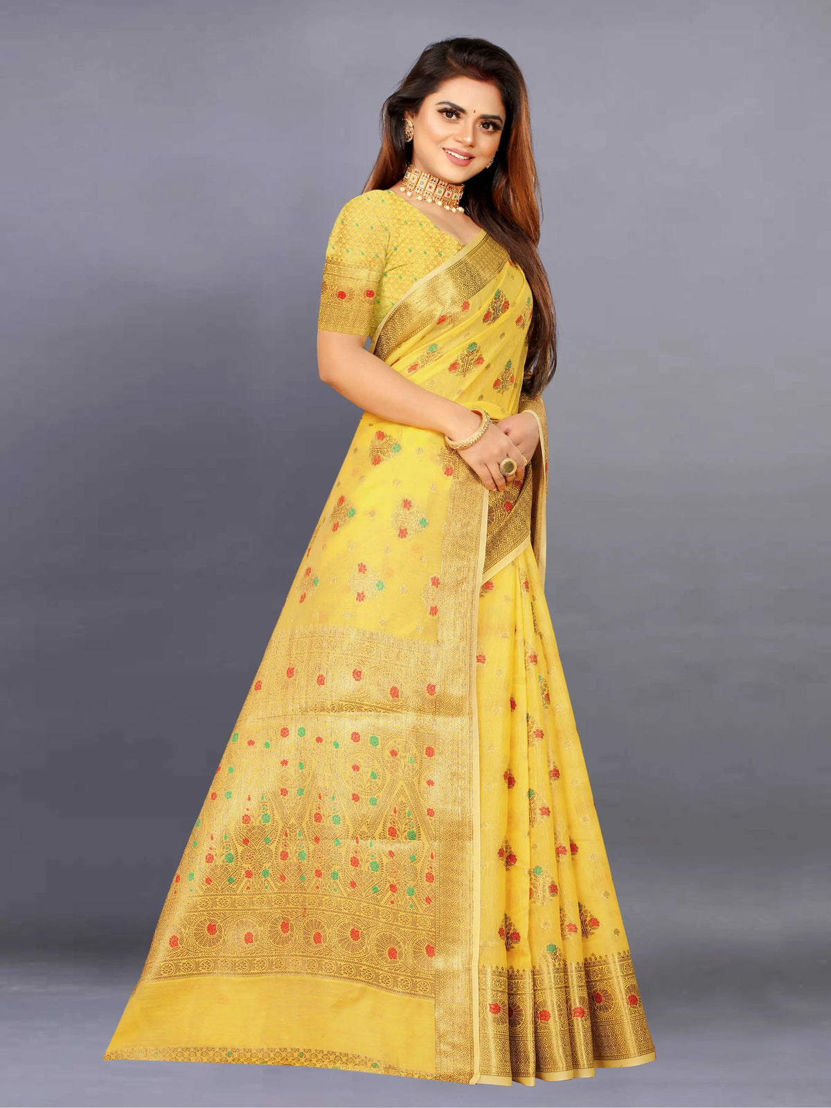 Woven, Self Design, Floral Print Banarasi Jacquard Saree (Yellow)
