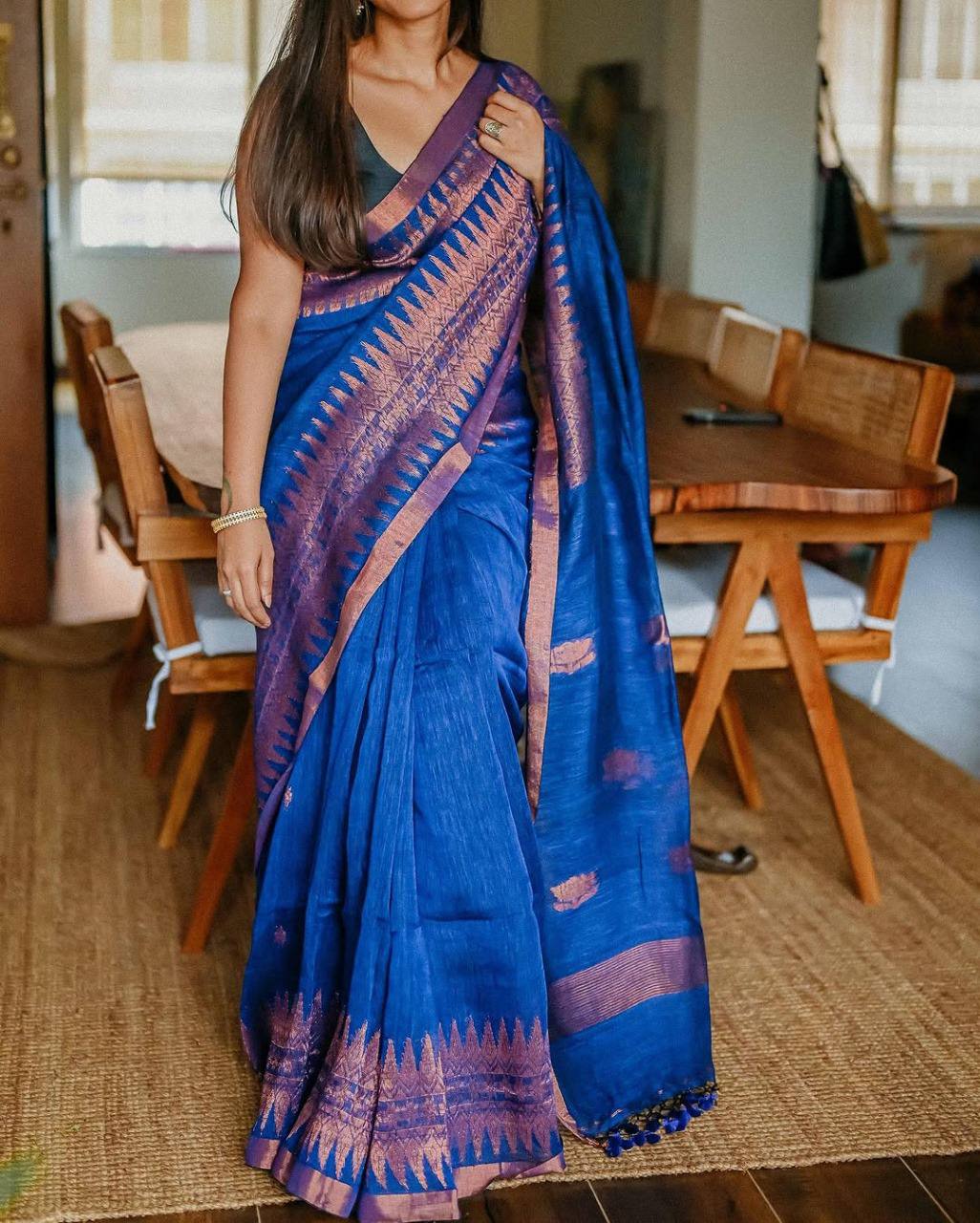 Womens Cotton Saree With Lotus Design And Banarasi Soft Silk Blouse 5.5 Meter Saree 0.8 Meter Unstitched Blouse Piece-Dark Blue