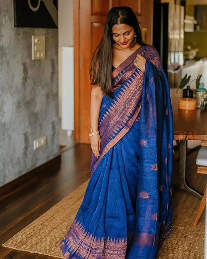 Womens Cotton Saree With Lotus Design And Banarasi Soft Silk Blouse 5.5 Meter Saree 0.8 Meter Unstitched Blouse Piece-Dark Blue