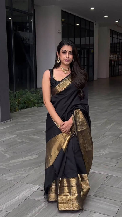 Black Color Lichi Silk Jacquard Work Saree