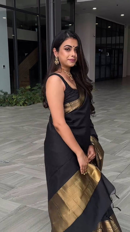 Black Color Lichi Silk Jacquard Work Saree
