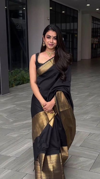 Black Color Lichi Silk Jacquard Work Saree