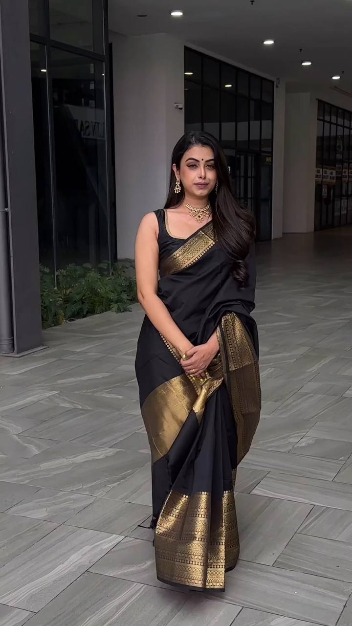 Black Color Lichi Silk Jacquard Work Saree