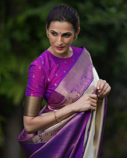 Purple Color Banarasi Saree With Zari Border With Unstiched Blouse Piece For Women