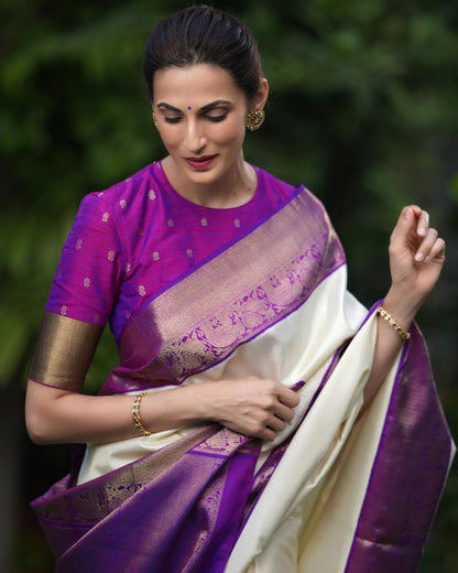 Purple Color Banarasi Saree With Zari Border With Unstiched Blouse Piece For Women