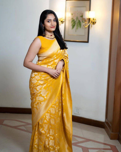 Fulari Women’s Silk Saree with Blouse Piece | Traditional Indian Ethnic Wear Saree | Wedding, Party & Festive Saree | Elegant Yellow Silk Saree for Women with Rich Design & Quality Fabric