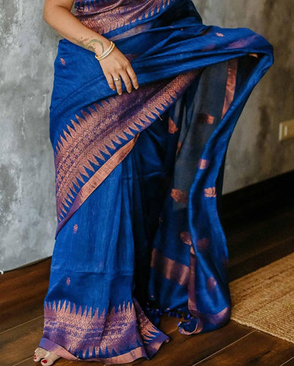 Womens Cotton Saree With Lotus Design And Banarasi Soft Silk Blouse 5.5 Meter Saree 0.8 Meter Unstitched Blouse Piece-Dark Blue