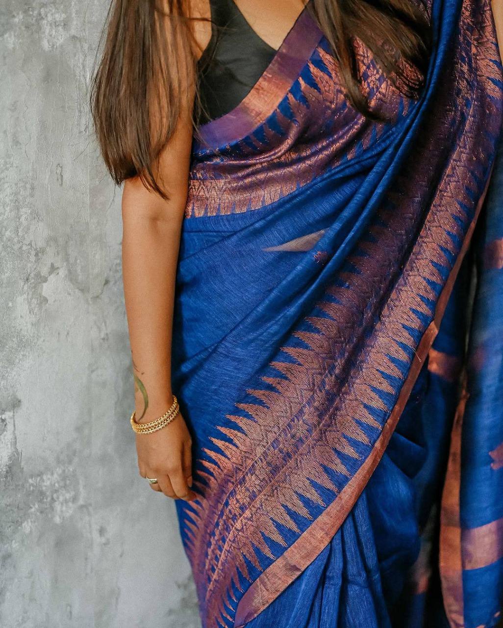Womens Cotton Saree With Lotus Design And Banarasi Soft Silk Blouse 5.5 Meter Saree 0.8 Meter Unstitched Blouse Piece-Dark Blue