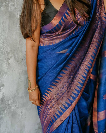 Womens Cotton Saree With Lotus Design And Banarasi Soft Silk Blouse 5.5 Meter Saree 0.8 Meter Unstitched Blouse Piece-Dark Blue