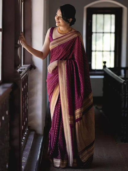Maroon Silk Saree with Golden Border| Traditional Woven Design| Ethnic Wear|Women’s Maroon Banarasi Style Saree with Gold Zari Border & Polka Dot Design