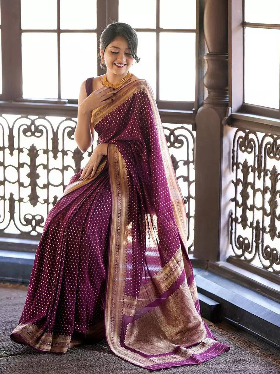 Maroon Silk Saree with Golden Border| Traditional Woven Design| Ethnic Wear|Women’s Maroon Banarasi Style Saree with Gold Zari Border & Polka Dot Design