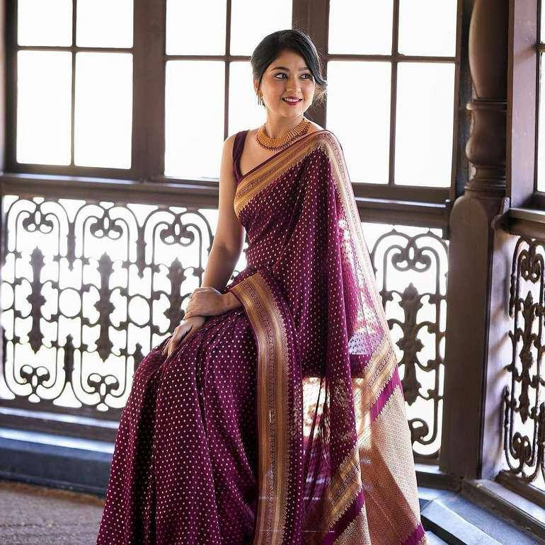 Maroon Silk Saree with Golden Border| Traditional Woven Design| Ethnic Wear|Women’s Maroon Banarasi Style Saree with Gold Zari Border & Polka Dot Design