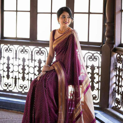 Maroon Silk Saree with Golden Border| Traditional Woven Design| Ethnic Wear|Women’s Maroon Banarasi Style Saree with Gold Zari Border & Polka Dot Design