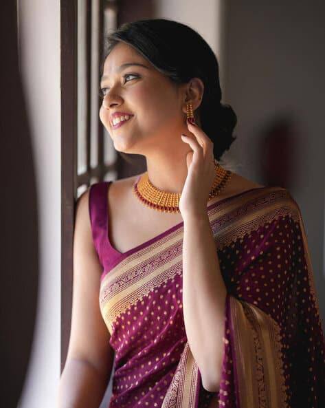 Maroon Silk Saree with Golden Border| Traditional Woven Design| Ethnic Wear|Women’s Maroon Banarasi Style Saree with Gold Zari Border & Polka Dot Design