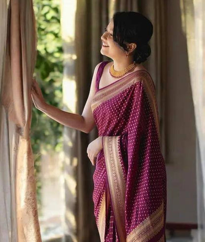 Maroon Silk Saree with Golden Border| Traditional Woven Design| Ethnic Wear|Women’s Maroon Banarasi Style Saree with Gold Zari Border & Polka Dot Design