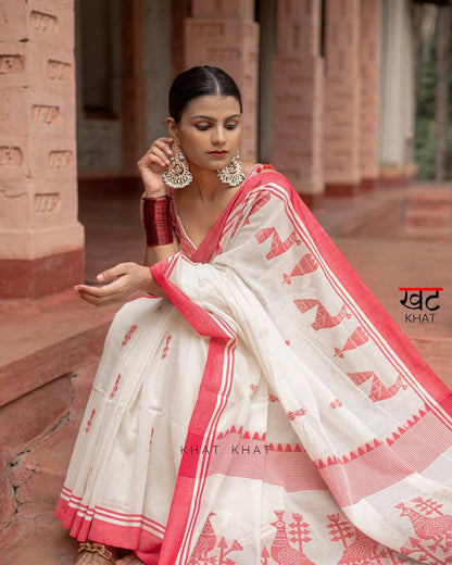 Women's Off White & Red Cotton Handloom Saree with Traditional Tribal Print, Designer Border, Tassel Pallu, Ethnic Casual Wear Saree with Blouse Piece for Wedding & Cultural Events